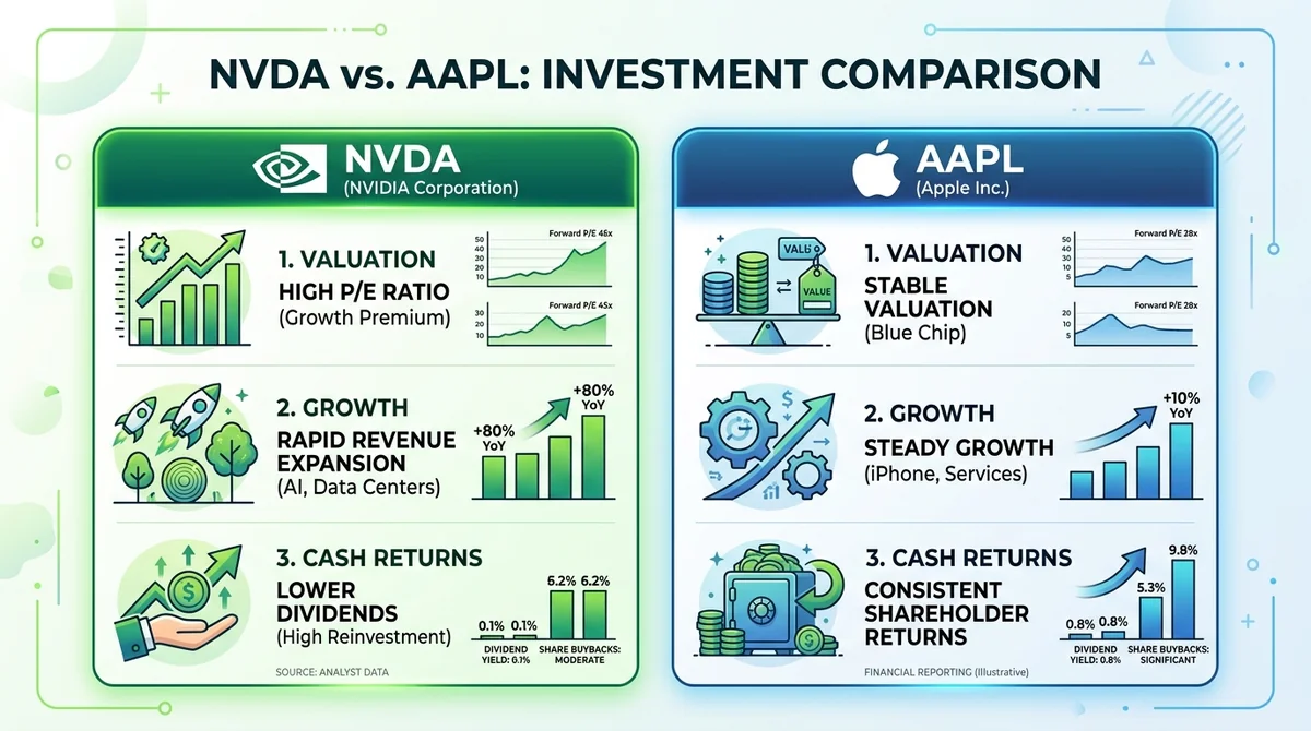 Wide 16:9 horizontal infographic, two columns for NVDA and AAPL, icons for valuation, growth, cash returns, short labels in E