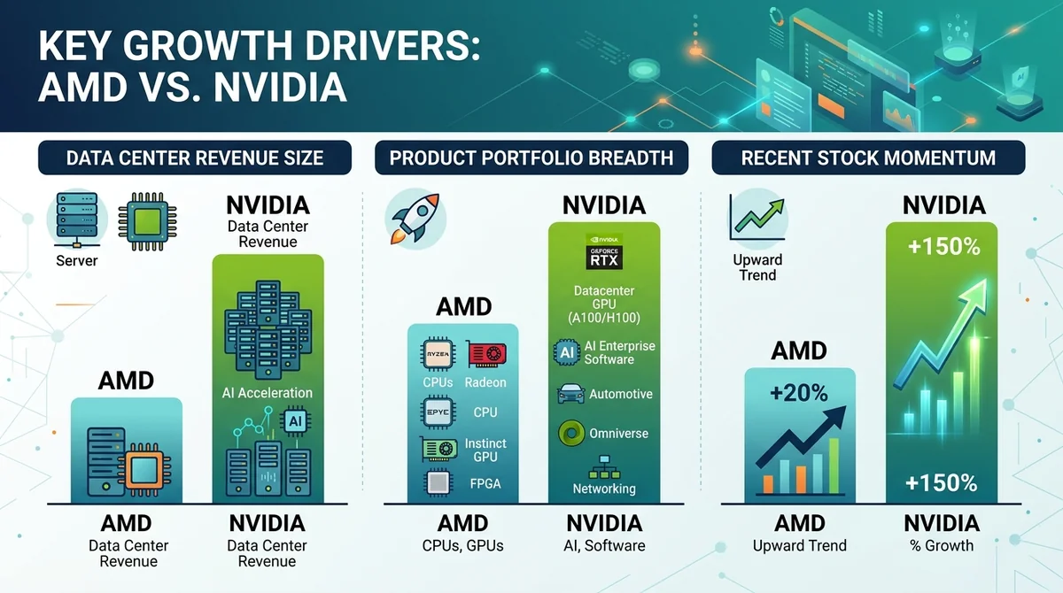 Bar chart comparing AMD and Nvidia key growth drivers: data center revenue size, product portfolio breadth, and recent stock