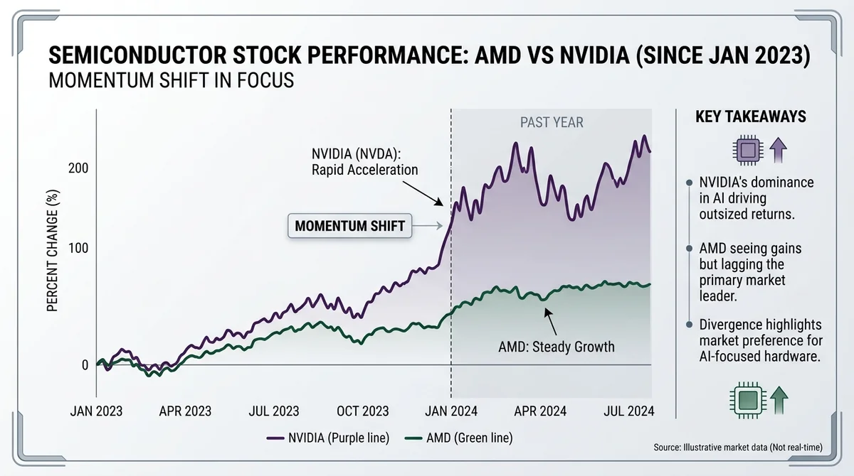 Line chart showing AMD and Nvidia stock performance since 2023 and over the past year, highlighting the momentum shift