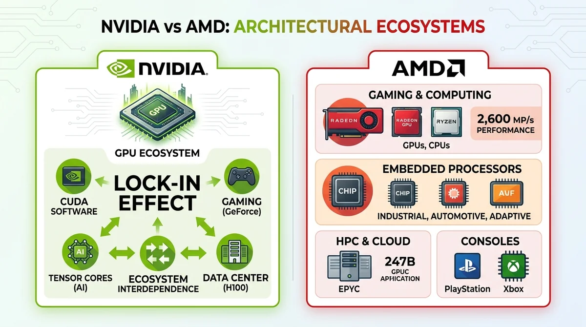 Wide 16:9 horizontal infographic, two columns: left column Nvidia with GPU ecosystem icon and lock-in effect label, right col