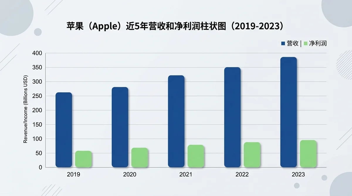 苹果近5年营收和净利润柱状图，展示增长趋势