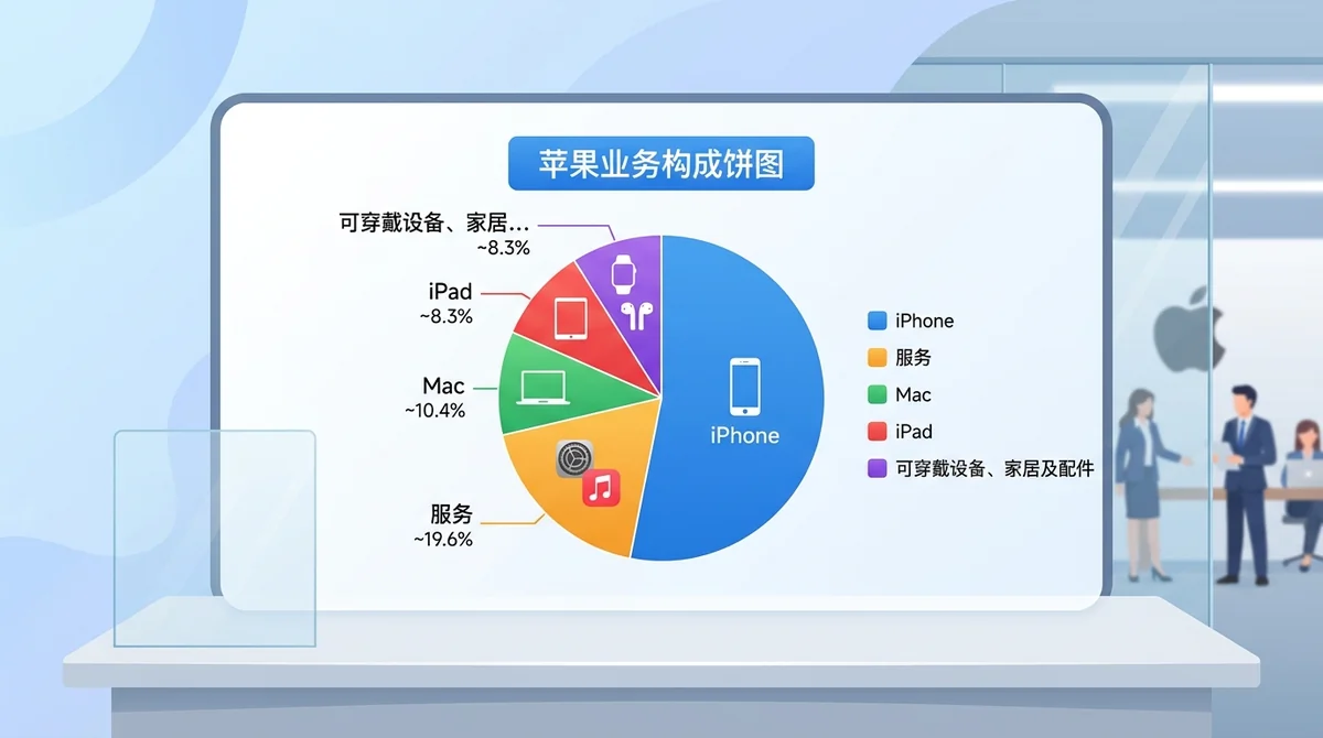 苹果业务构成饼图：iPhone、服务、Mac、iPad、可穿戴设备等占比