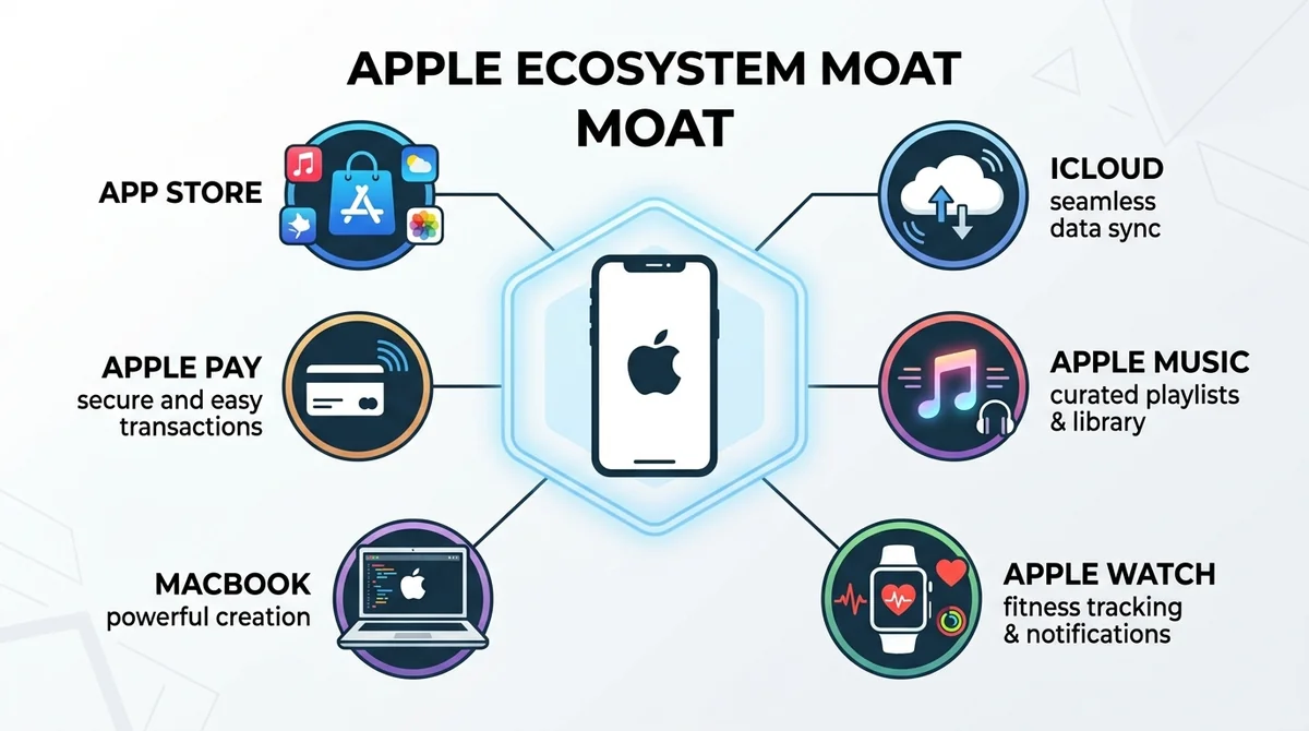 Wide 16:9 horizontal infographic, central iPhone icon connected by lines to surrounding icons: App Store, iCloud, Apple Music