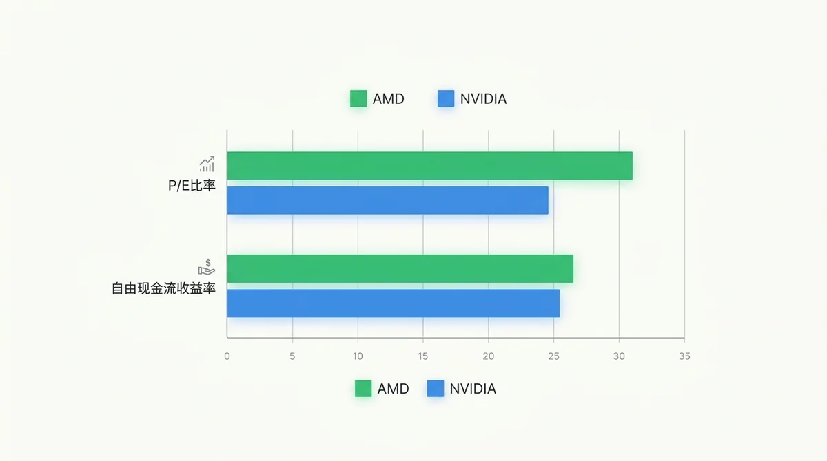 AMD与NVIDIA估值指标对比柱状图,包含P/E比率和自由现金流收益率