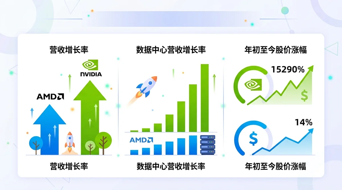 AMD与NVIDIA增长动能对比图,展示营收增长率、数据中心营收增长率和年初至今股价涨幅