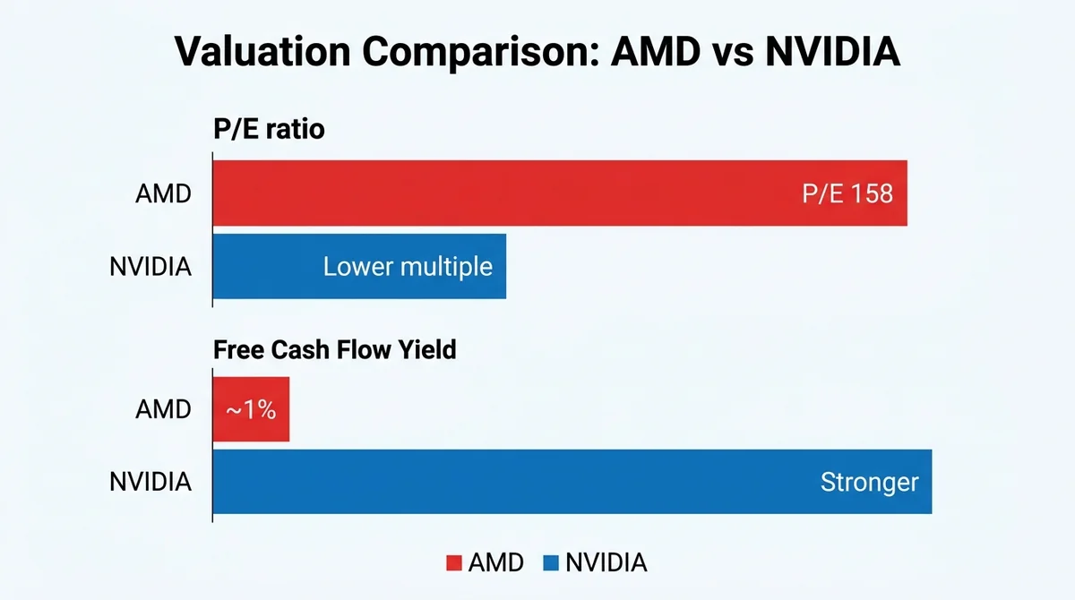 Wide 16:9 horizontal bar chart, two groups: P/E ratio and Free Cash Flow Yield. AMD bar labeled 'P/E 158' in red, NVIDIA bar