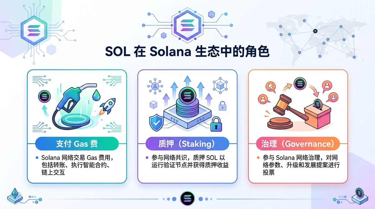 SOL 在 Solana 生态中的角色信息图：展示 SOL 的三大用途（支付 Gas 费、质押、治理），配以简洁图标和文字说明