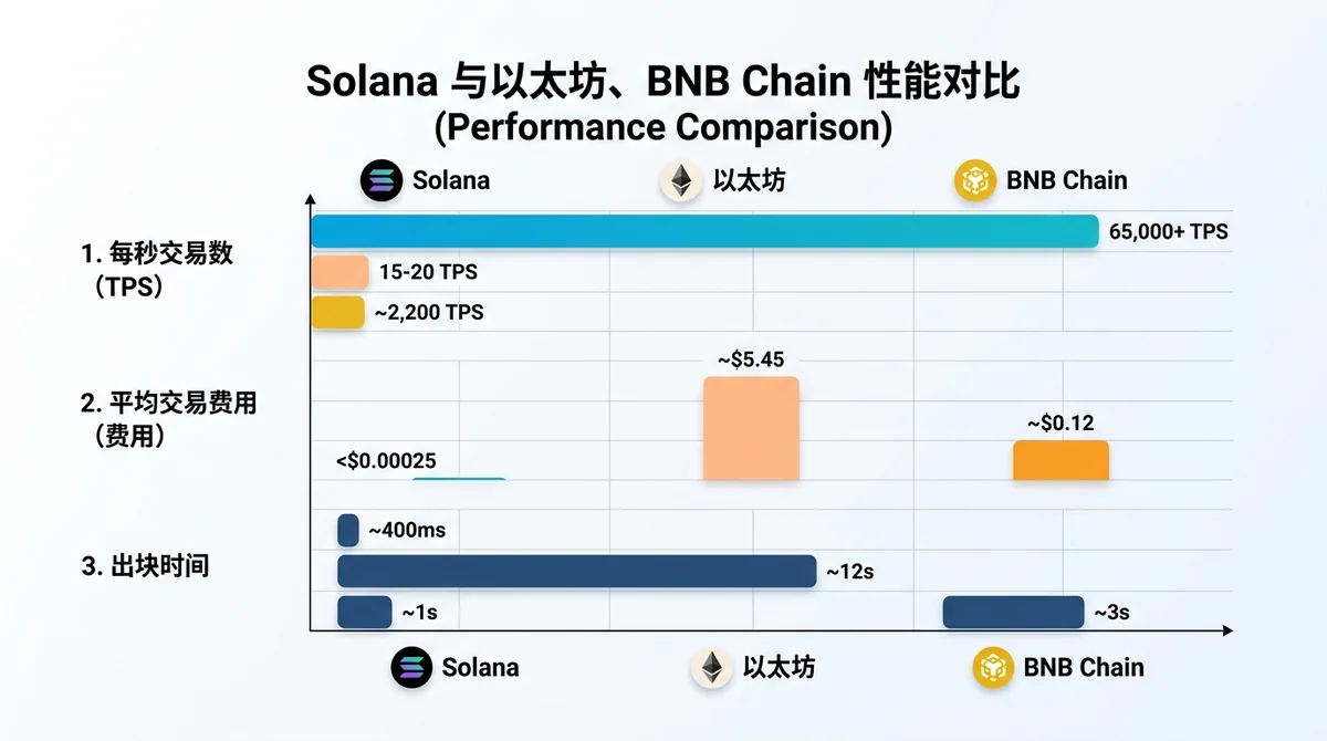 Solana 与以太坊、BNB Chain 的性能对比柱状图：展示 TPS、平均交易费用、出块时间