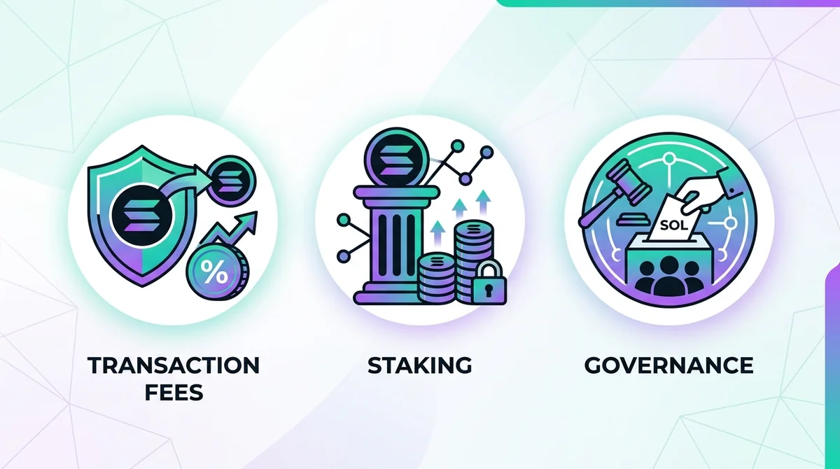 Wide 16:9 horizontal infographic, three icons representing transaction fees, staking, and governance, each with short English