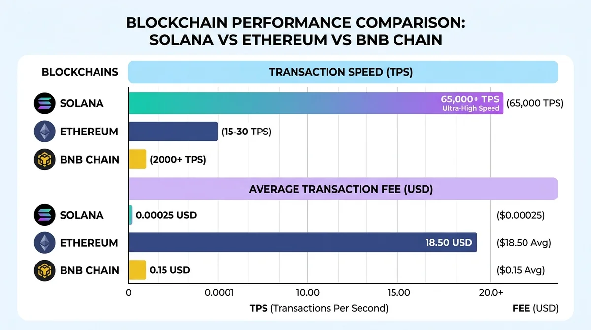 Wide 16:9 horizontal bar chart comparing transaction speed (TPS) and transaction fees for Solana, Ethereum, and BNB Chain, ea