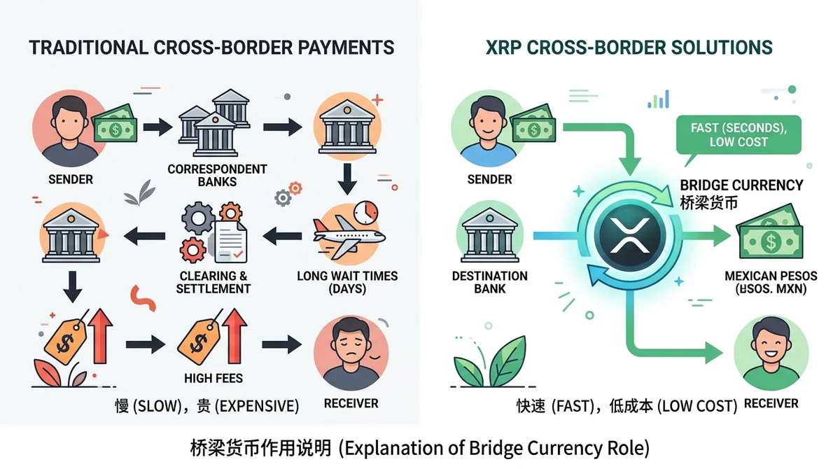 XRP 跨境支付流程示意图：展示传统跨境支付痛点（慢、贵）与 XRP 解决方案（快速、低成本）的对比，包含桥梁货币作用说明