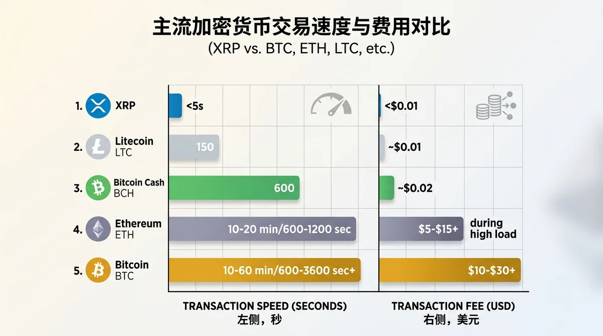 XRP 与其他主流加密货币（BTC、ETH、LTC 等）在交易速度和费用方面的对比柱状图