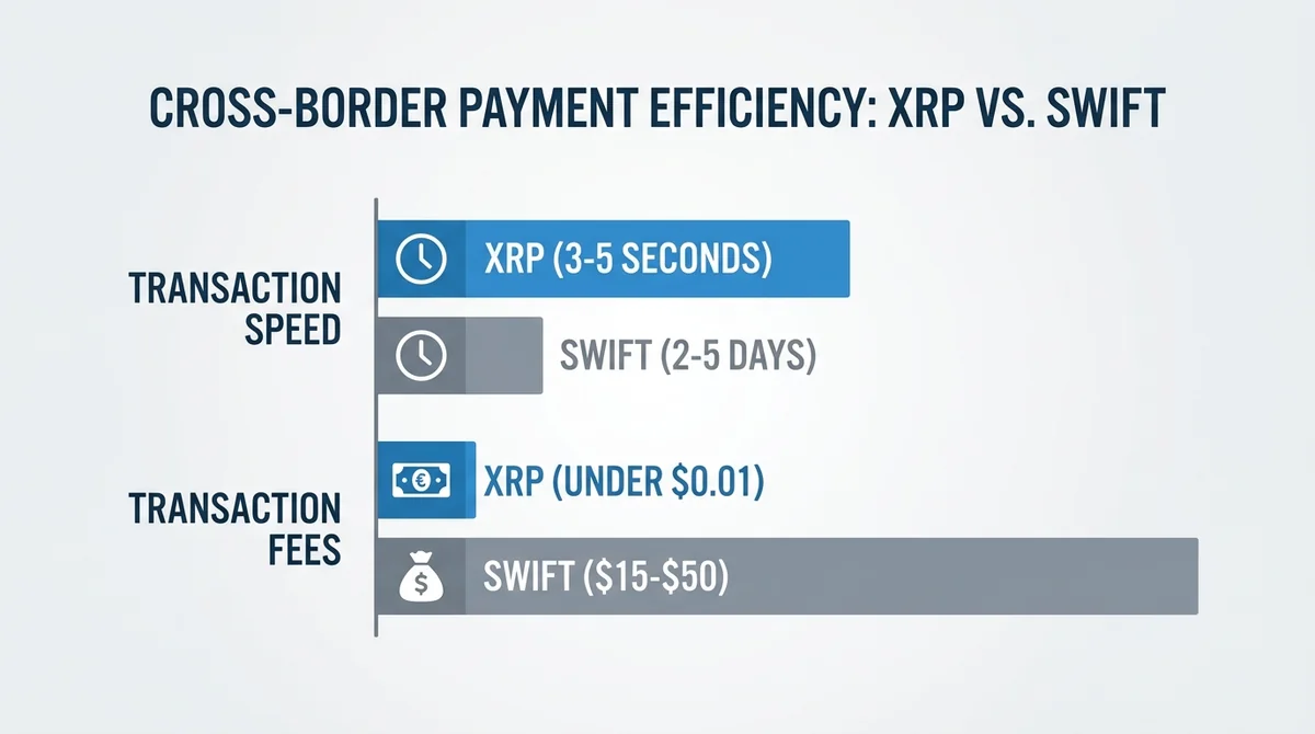Horizontal bar chart comparing XRP and traditional cross-border payments, XRP speed 3-5 seconds, XRP fee under $0.01, SWIFT s