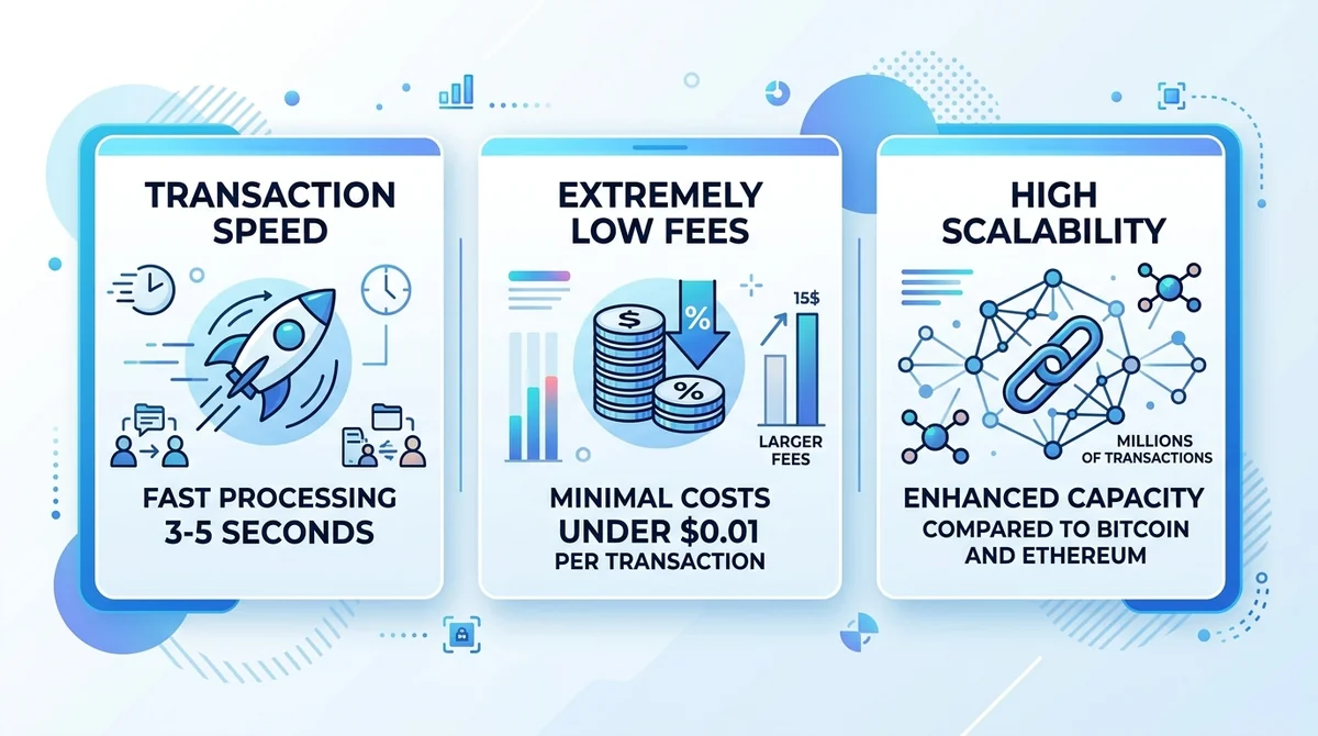 Square infographic with three sections: transaction speed 3-5 seconds, extremely low fees under $0.01, high scalability compa