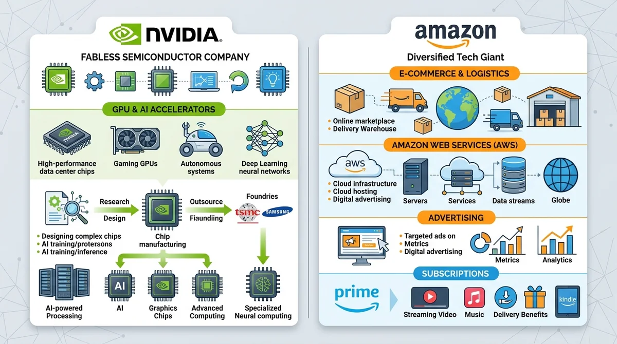 Side-by-side comparison of Nvidia and Amazon business models: Nvidia as fabless semiconductor company focused on GPUs and AI