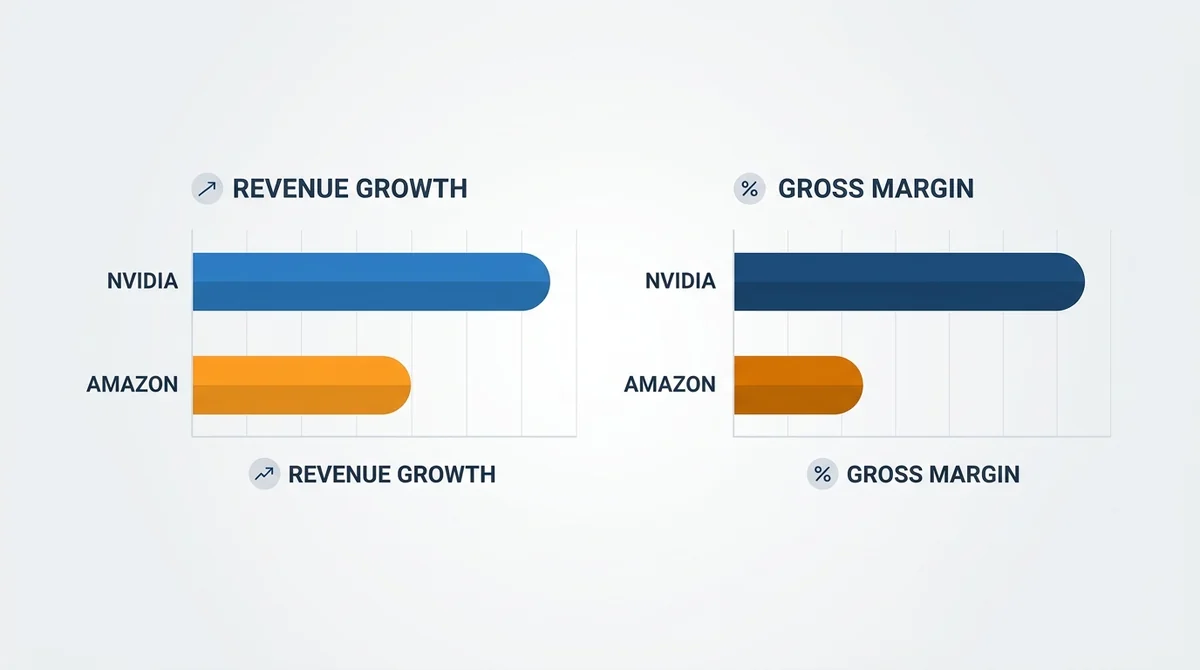 Bar chart comparing revenue growth and gross margins of Nvidia and Amazon. Nvidia shows higher growth and margins, Amazon sho