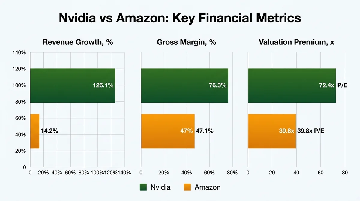 Wide 16:9 horizontal bar chart comparing Nvidia and Amazon on revenue growth, gross margin, and valuation premium, clean data