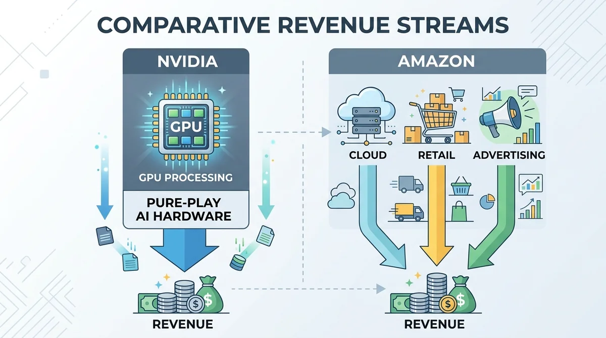 Wide 16:9 horizontal infographic, left side Nvidia with GPU icon and label 'Pure-Play AI Hardware', right side Amazon with cl