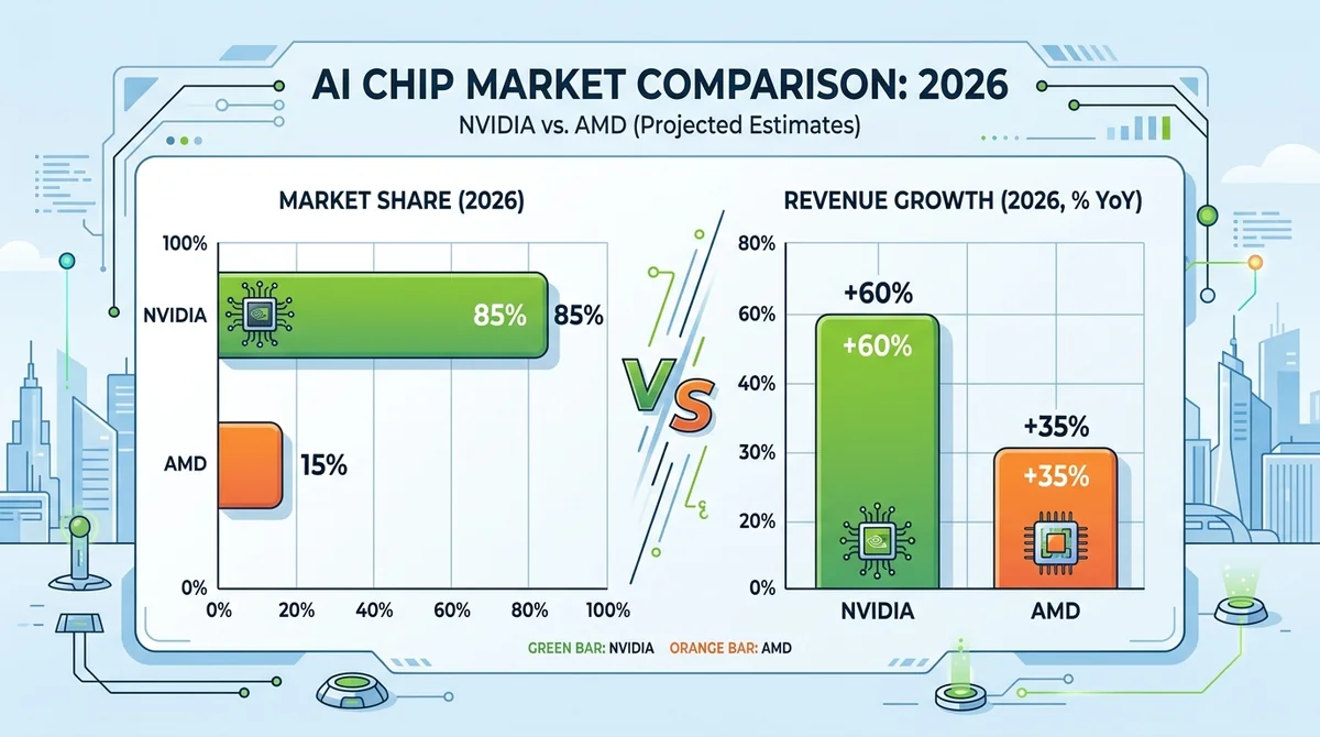 Bar chart comparing Nvidia and AMD market share and revenue growth in AI chips for 2026