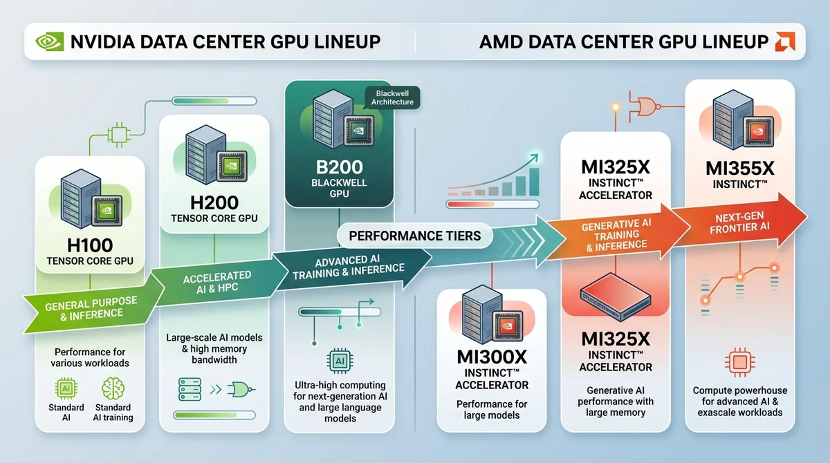 Table or visual comparing product lineups: Nvidia H100, H200, B200 vs AMD MI300X, MI325X, MI355X with performance tiers