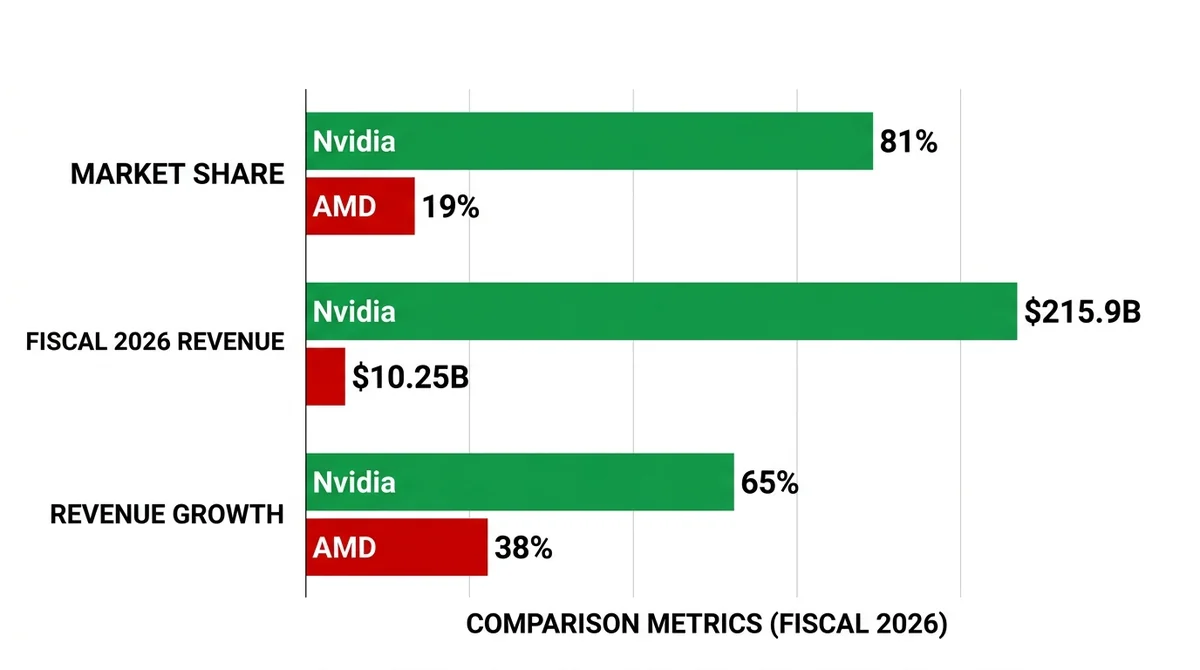 Wide 16:9 horizontal bar chart comparing Nvidia and AMD: market share (81% vs 19%), fiscal 2026 revenue ($215.9B vs $10.25B),