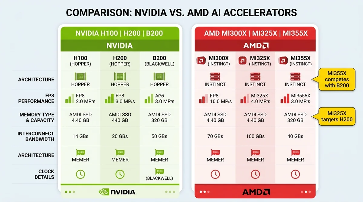 Wide 16:9 horizontal comparison table with two columns: Nvidia (H100, H200, B200) in green and AMD (MI300X, MI325X, MI355X) i