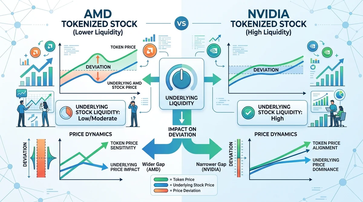 AMD 与英伟达代币化股票价格联动机制对比图,展示标的股票流动性对代币价格偏离的影响
