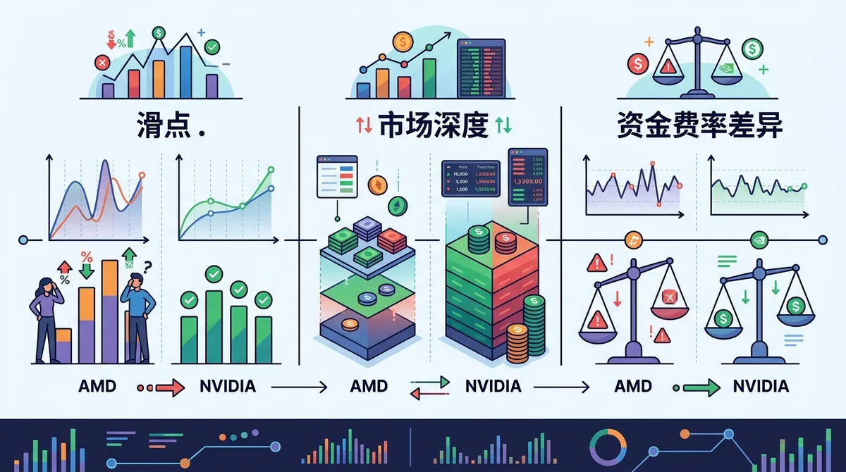 AMD 与英伟达代币化股票套利效率对比图,展示滑点、市场深度和资金费率差异