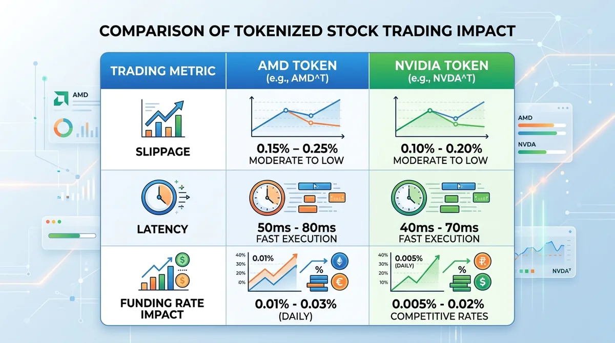 Wide 16:9 horizontal table comparing slippage, latency, and funding rate impact for AMD and NVIDIA tokenized stocks, clean ta