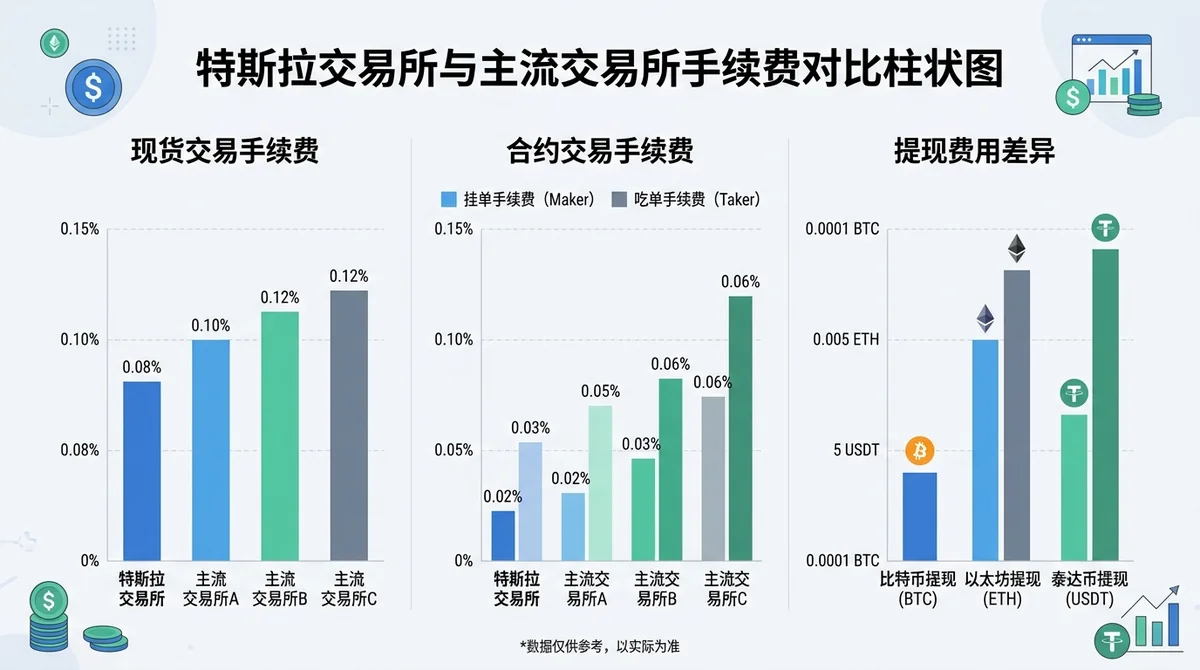 特斯拉交易所与主流交易所手续费对比柱状图，展示现货、合约、提现费用差异