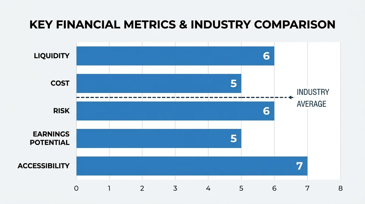Wide 16:9 horizontal bar chart, five bars for Liquidity, Cost, Risk, Earnings Potential, Accessibility with values 6,5,6,5,7,