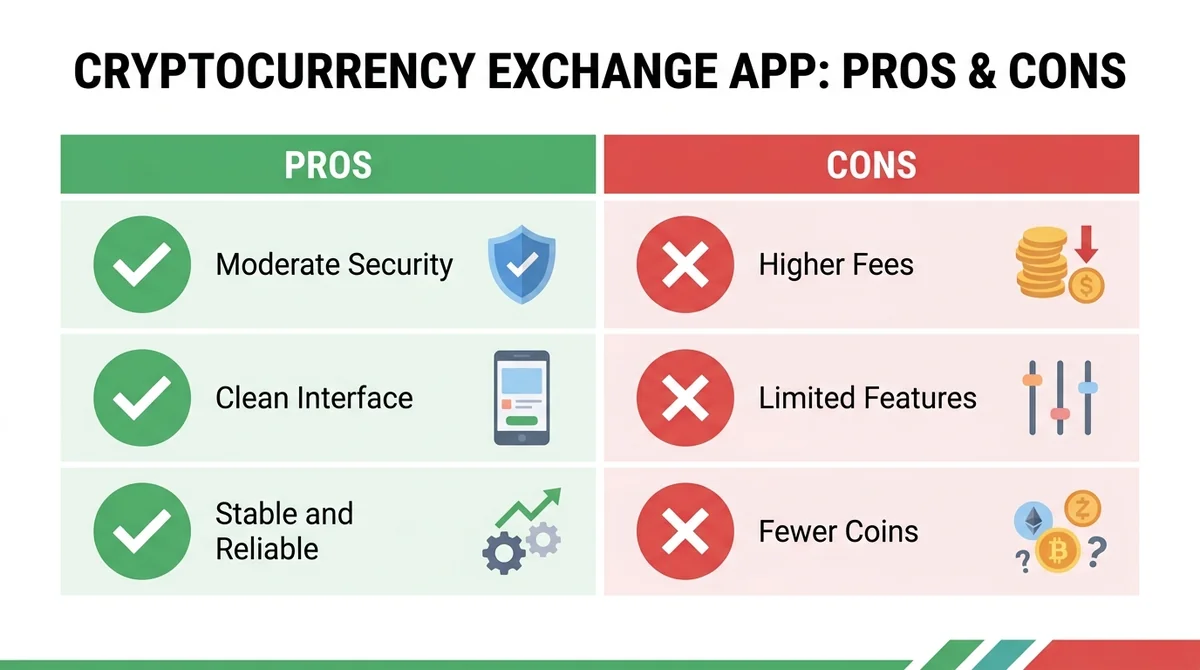 Wide 16:9 horizontal infographic, two columns, left column with green checkmarks and three pros: Moderate Security, Clean Int
