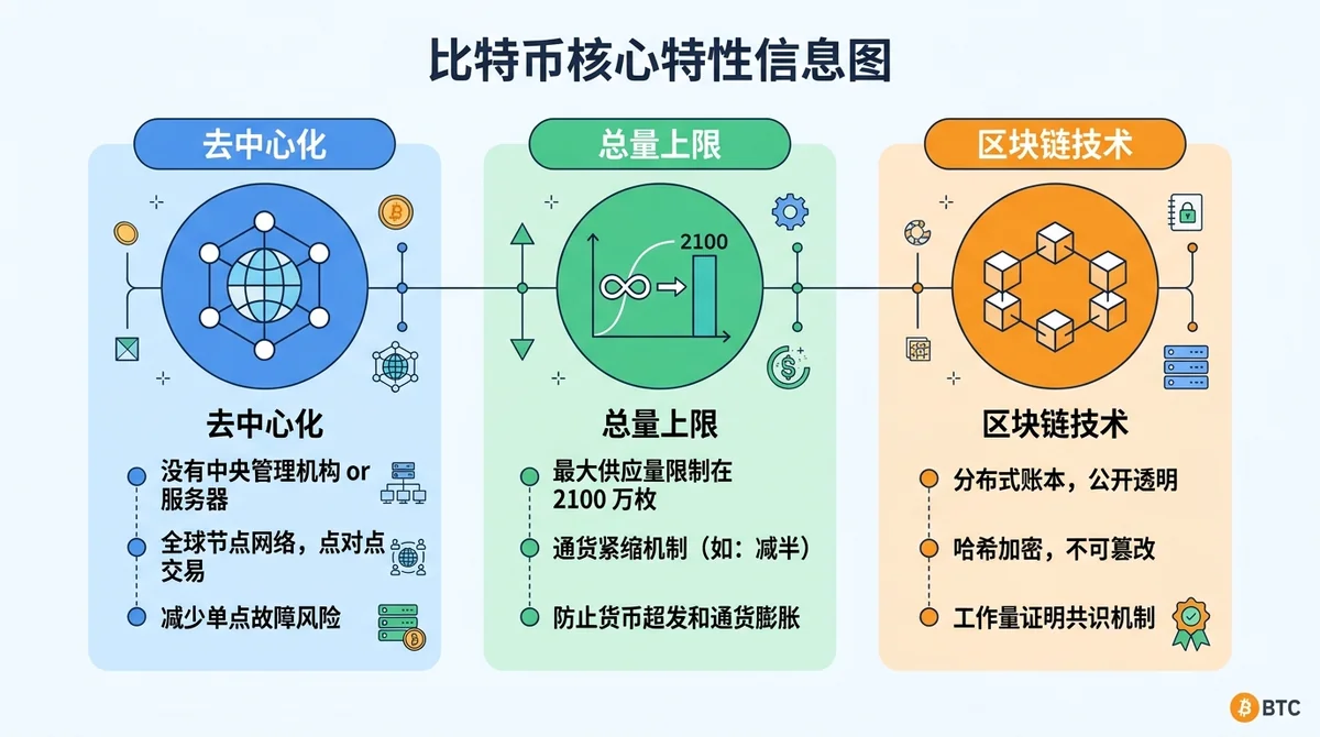 比特币核心特性信息图：展示去中心化、总量上限、区块链技术三个关键点，配图标和简短说明