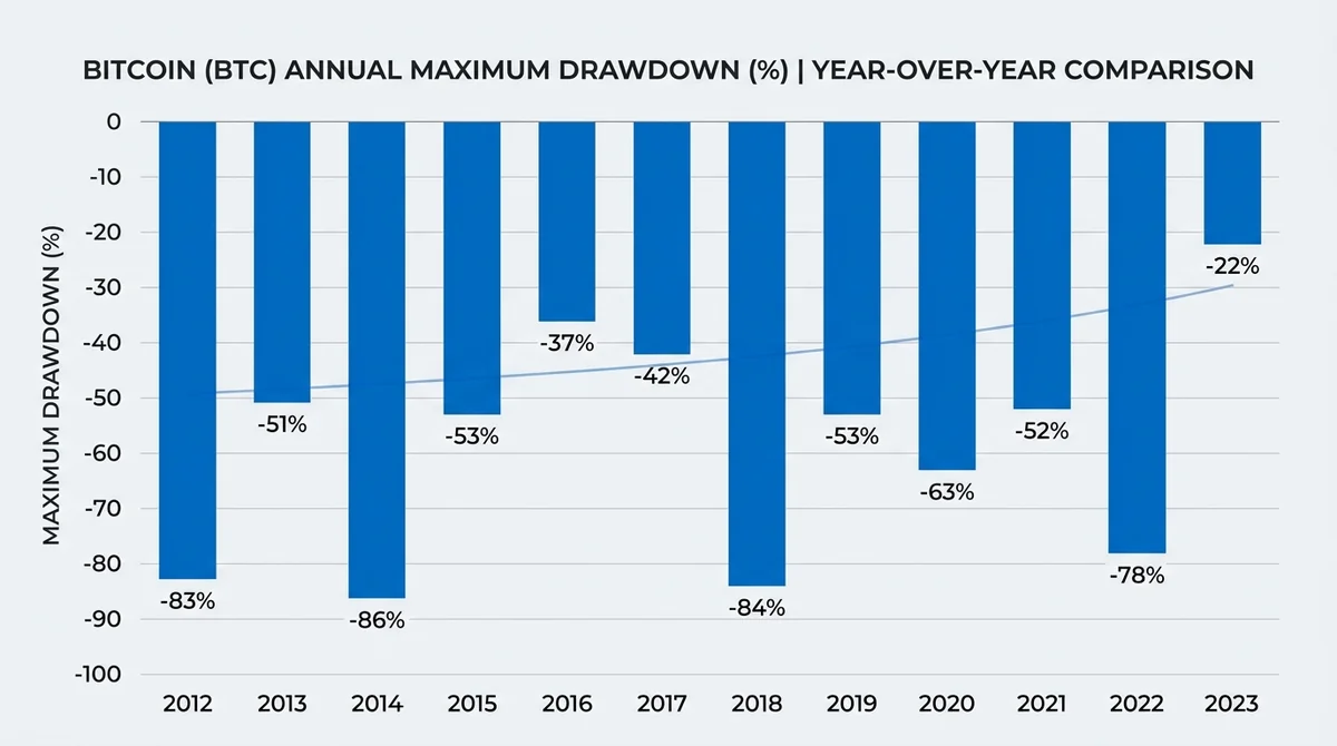 Bar chart comparing Bitcoin's annual maximum drawdown over several years, clear labels and values, English axis labels and ti