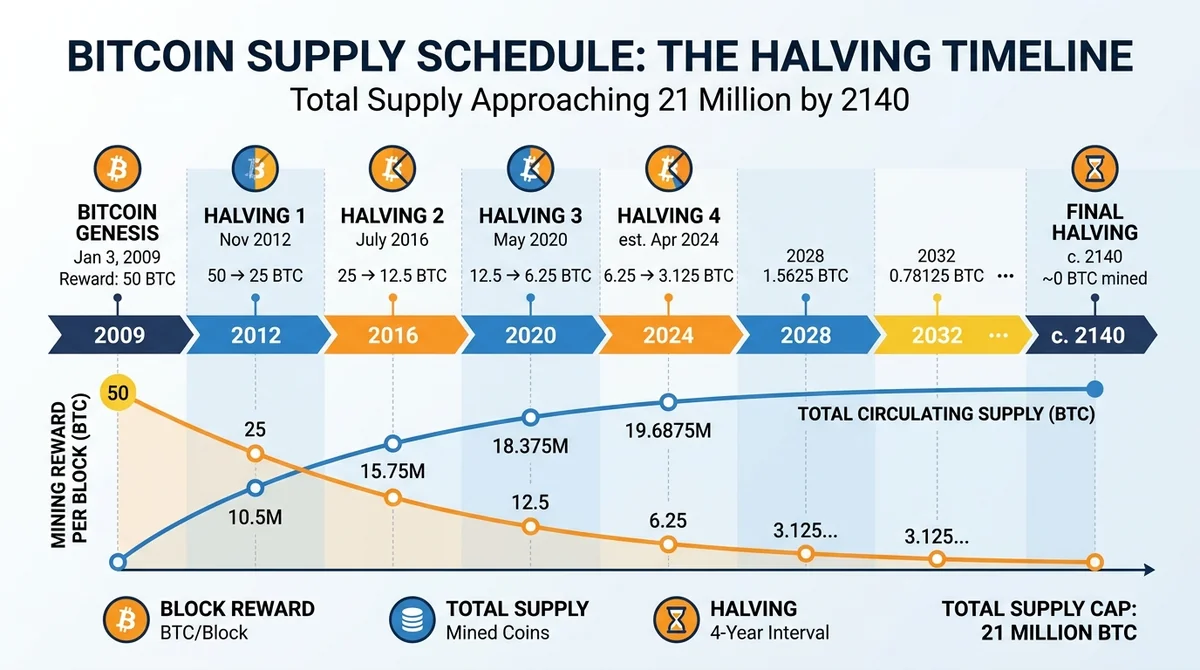 Infographic illustrating Bitcoin's supply schedule: block rewards halving every four years, total supply approaching 21 milli