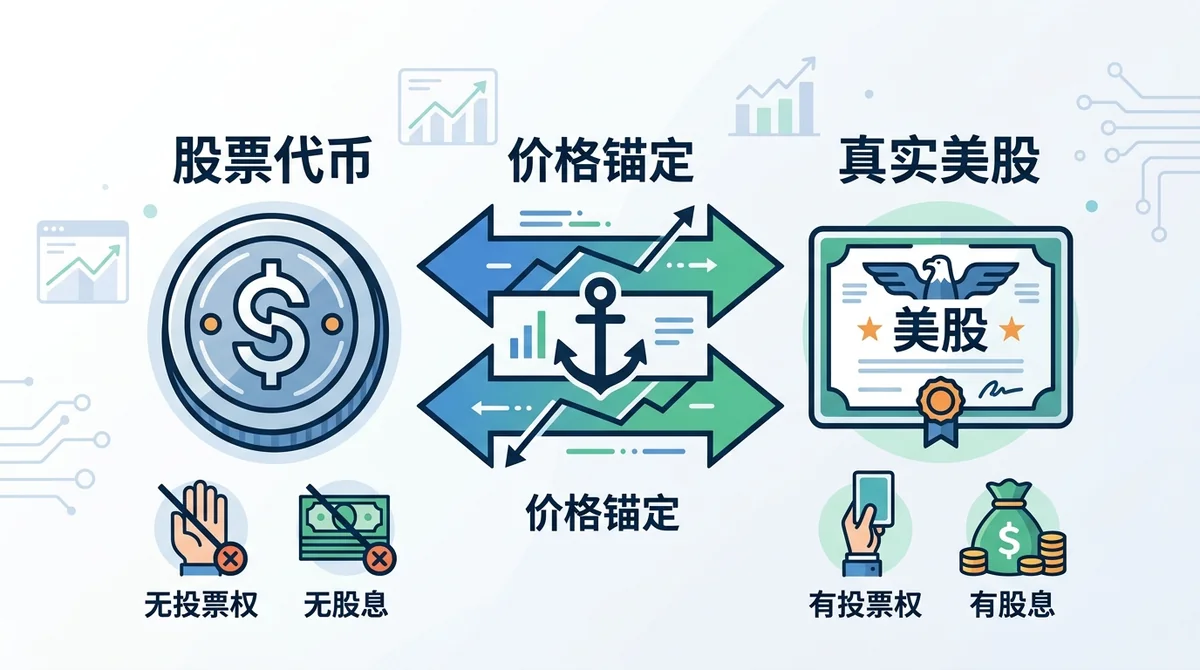 股票代币与真实美股区别示意图:左侧股票代币图标(无投票权、无股息),右侧真实股票图标(有投票权、有股息),中间用箭头连接表示价格锚定