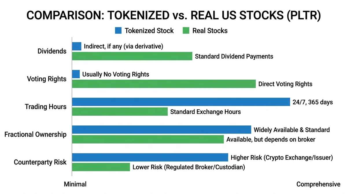 Wide 16:9 horizontal bar chart comparing PLTR tokenized stock and real US stocks across five attributes: dividends, voting ri
