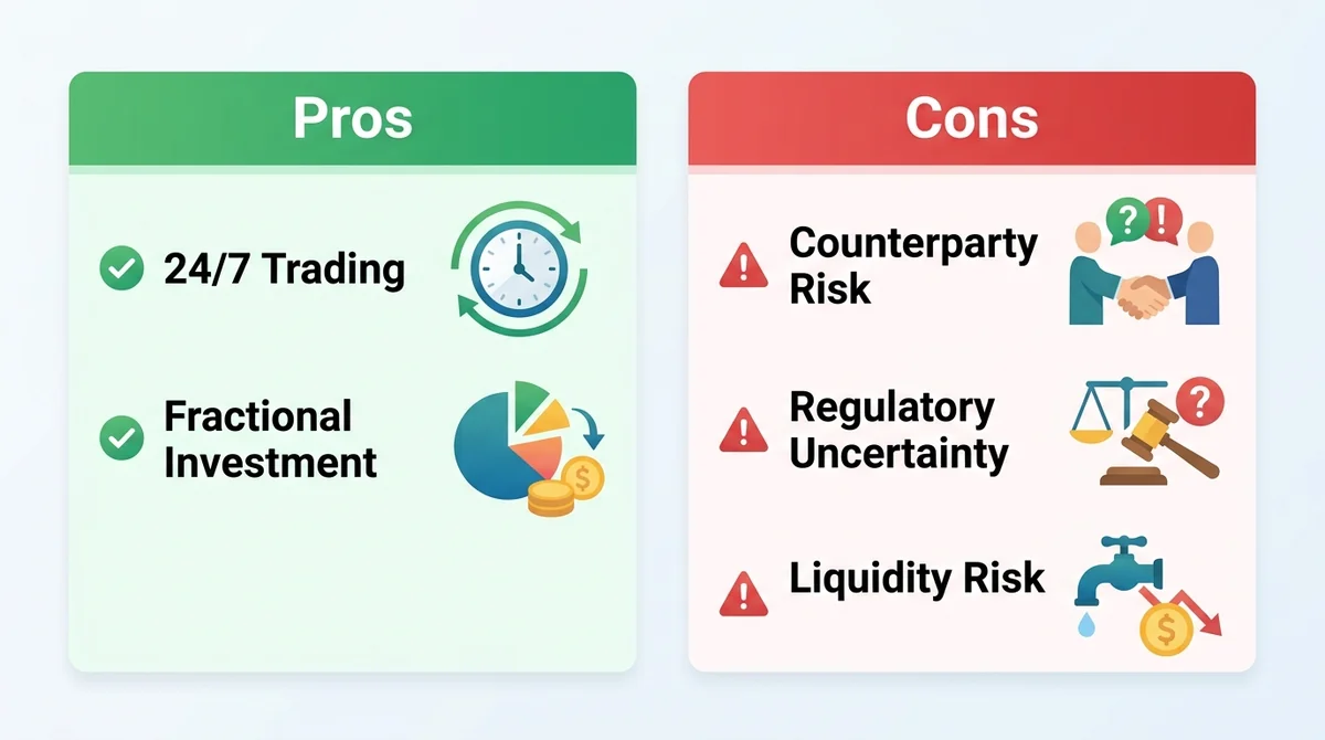 Wide 16:9 horizontal infographic with two columns: left column green header 'Pros' listing 24/7 trading and fractional invest