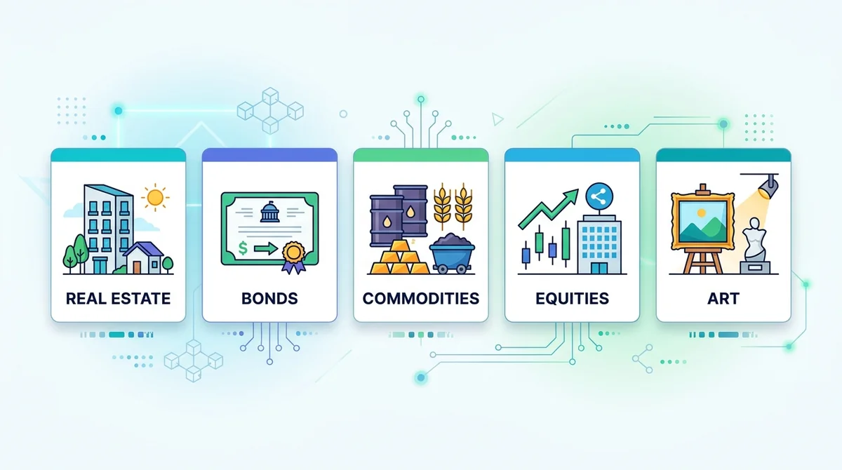 Types of real-world assets that can be tokenized, illustrated with icons and short labels: real estate, bonds, commodities, e