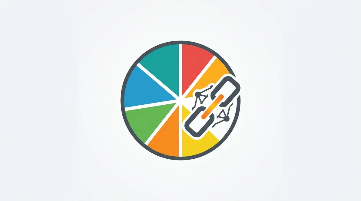 Simple SVG icon illustrating fractional ownership: a pie divided into multiple colored slices with a blockchain link symbol