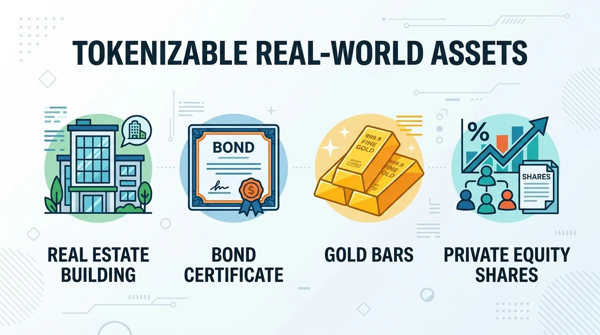 Wide 16:9 horizontal infographic, four icons in a row representing real estate building, bond certificate, gold bars, and pri