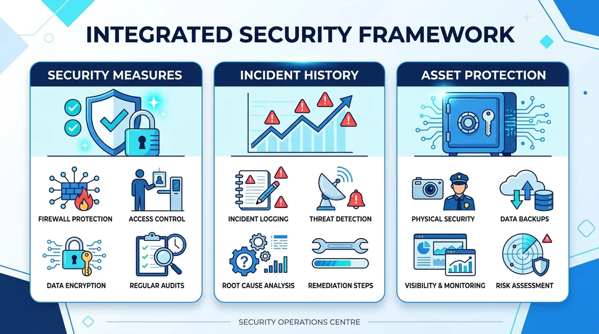 Wide 16:9 horizontal infographic, three sections for security measures, incident history, and asset protection, each with sim