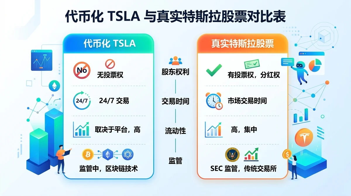 代币化 TSLA 与真实特斯拉股票对比表:股东权利、交易时间、流动性、监管等维度
