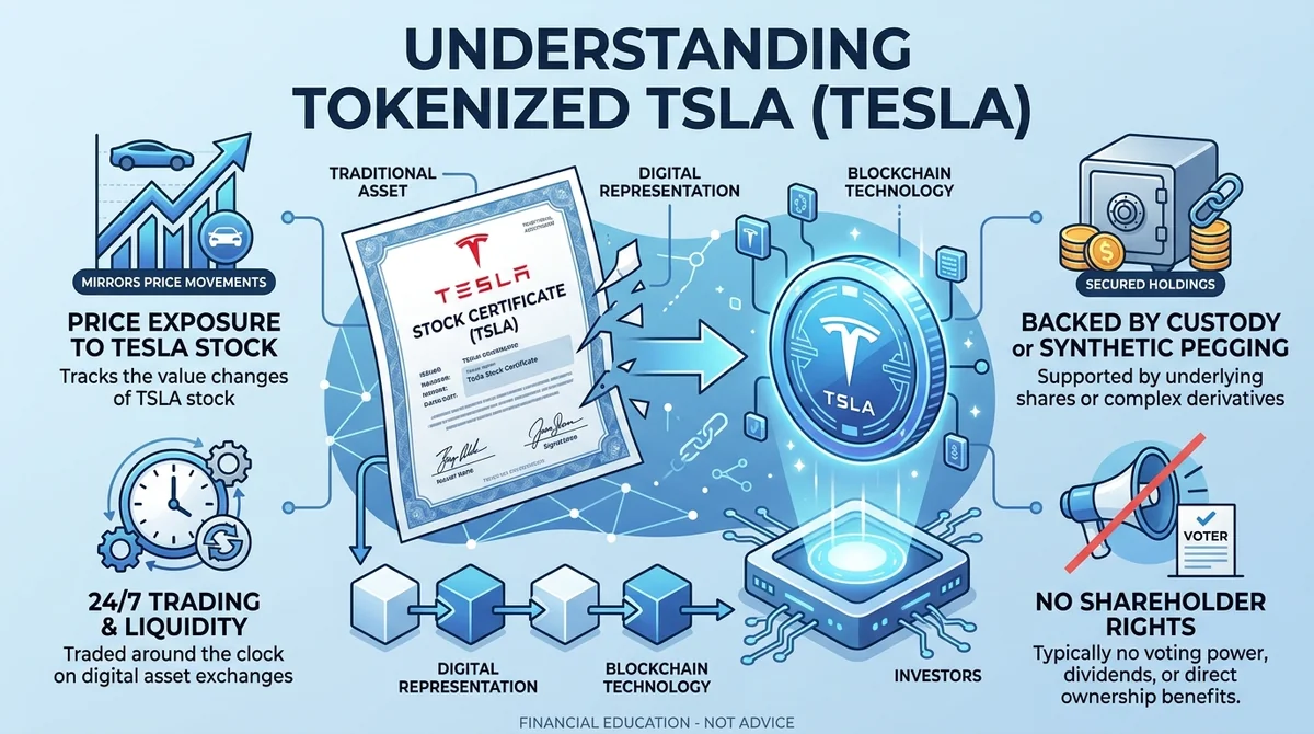 Wide 16:9 horizontal infographic explaining tokenized TSLA. Central illustration of a Tesla stock certificate transforming in
