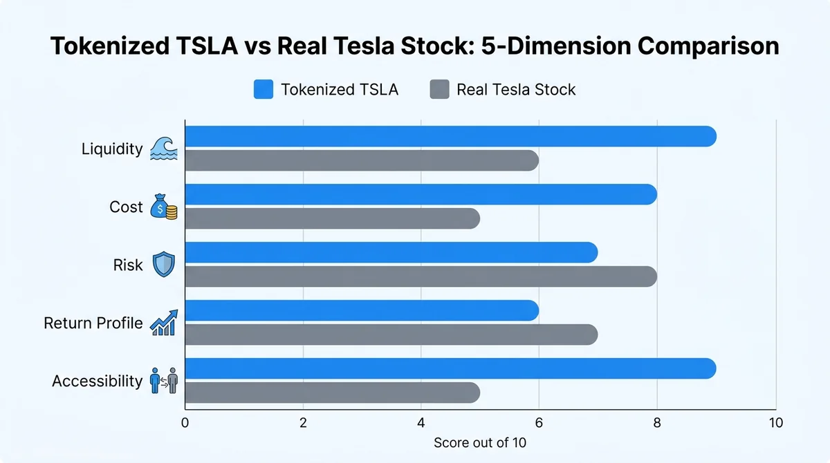 Wide 16:9 horizontal bar chart comparing Tokenized TSLA and real Tesla stock across five dimensions: Liquidity, Cost, Risk, R