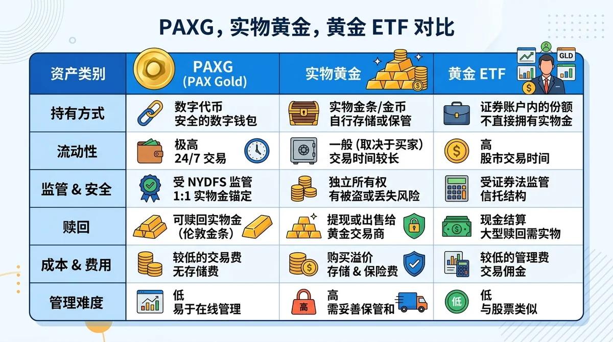 PAXG、实物黄金、黄金 ETF 对比表格，包含持有方式、监管、赎回等维度