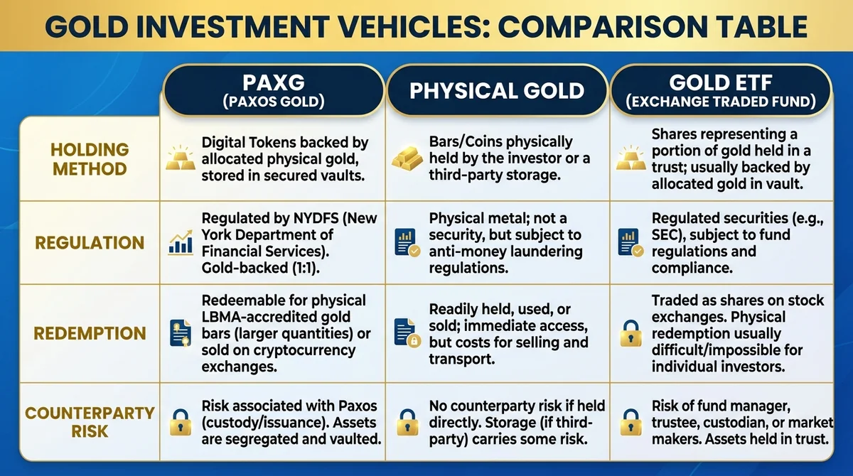 Wide 16:9 horizontal comparison table, three columns: PAXG, Physical Gold, Gold ETF, rows: Holding Method, Regulation, Redemp
