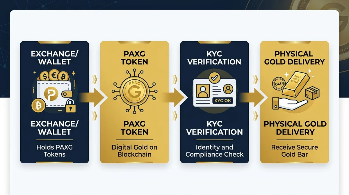 Wide 16:9 horizontal flow diagram, steps from left to right: Exchange/Wallet -> PAXG Token -> KYC Verification -> Physical Go