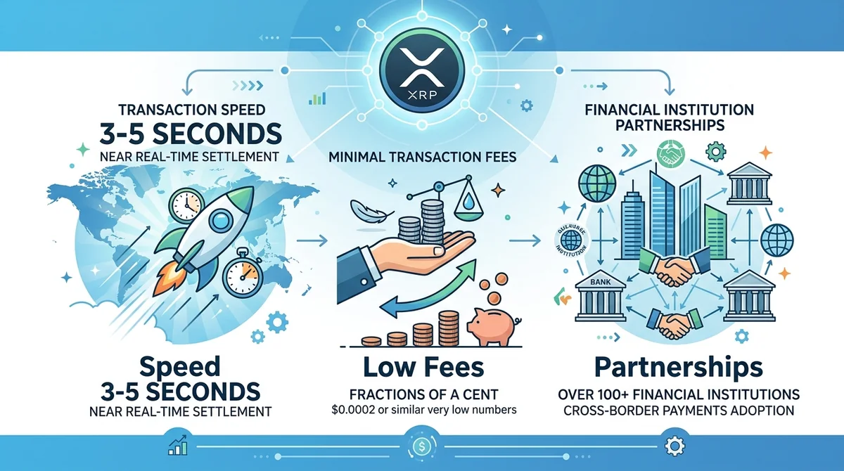XRP 核心优势信息图:展示交易速度(3-5秒)、极低费用、金融机构合作等关键数据点