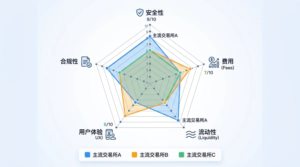 五大评估维度雷达图:安全性、费用、流动性、用户体验、合规性,对比主流交易所